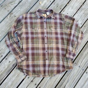 Timberland Mens Flannel Shirt Sz L Brown Green Plaid